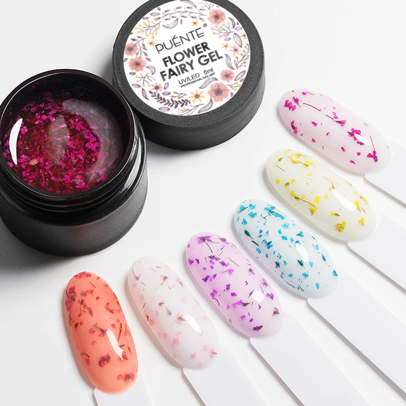 PUENTE 5ml Flower Fairy Gel Nail Polish Pink Purple Blue Natural Dried Flower Nail Art Gel Soak Off UV Semi-Permanent Varnish 4