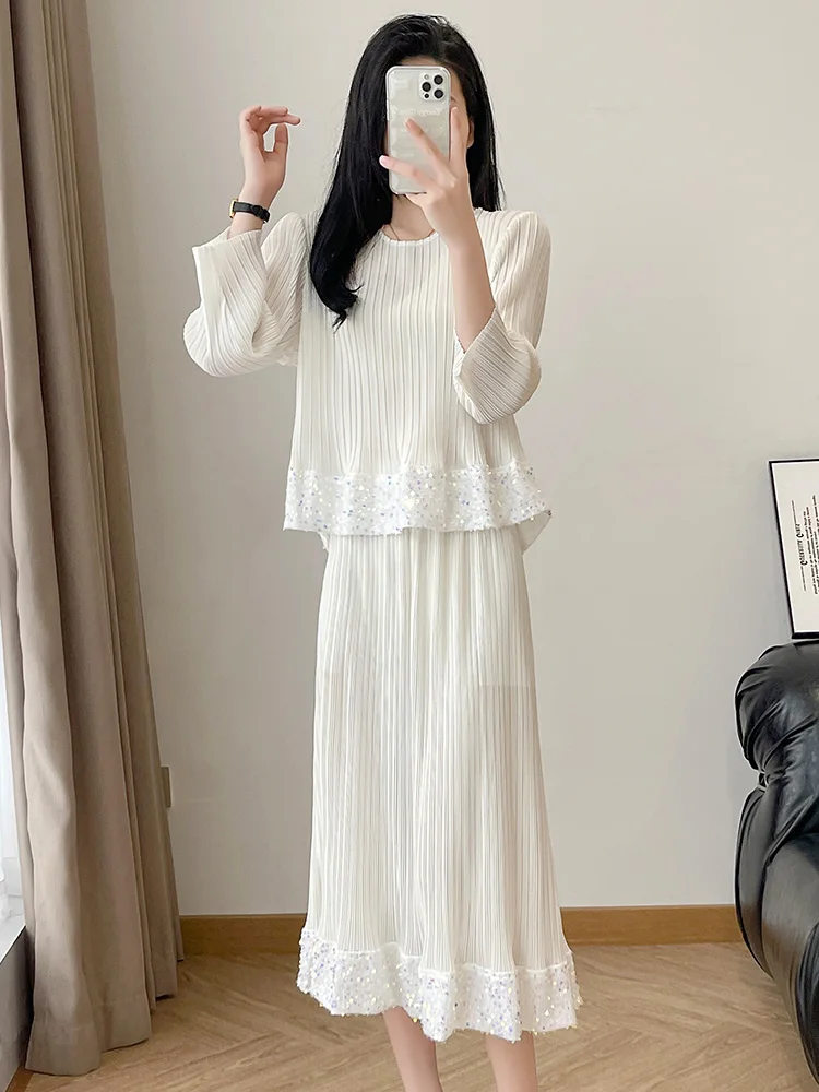 

Three Piece Set Summer New Loose Large Size Elegant Versatile Top Half Skirt Pleated Two Piece Set Breathable Polyester Fabric