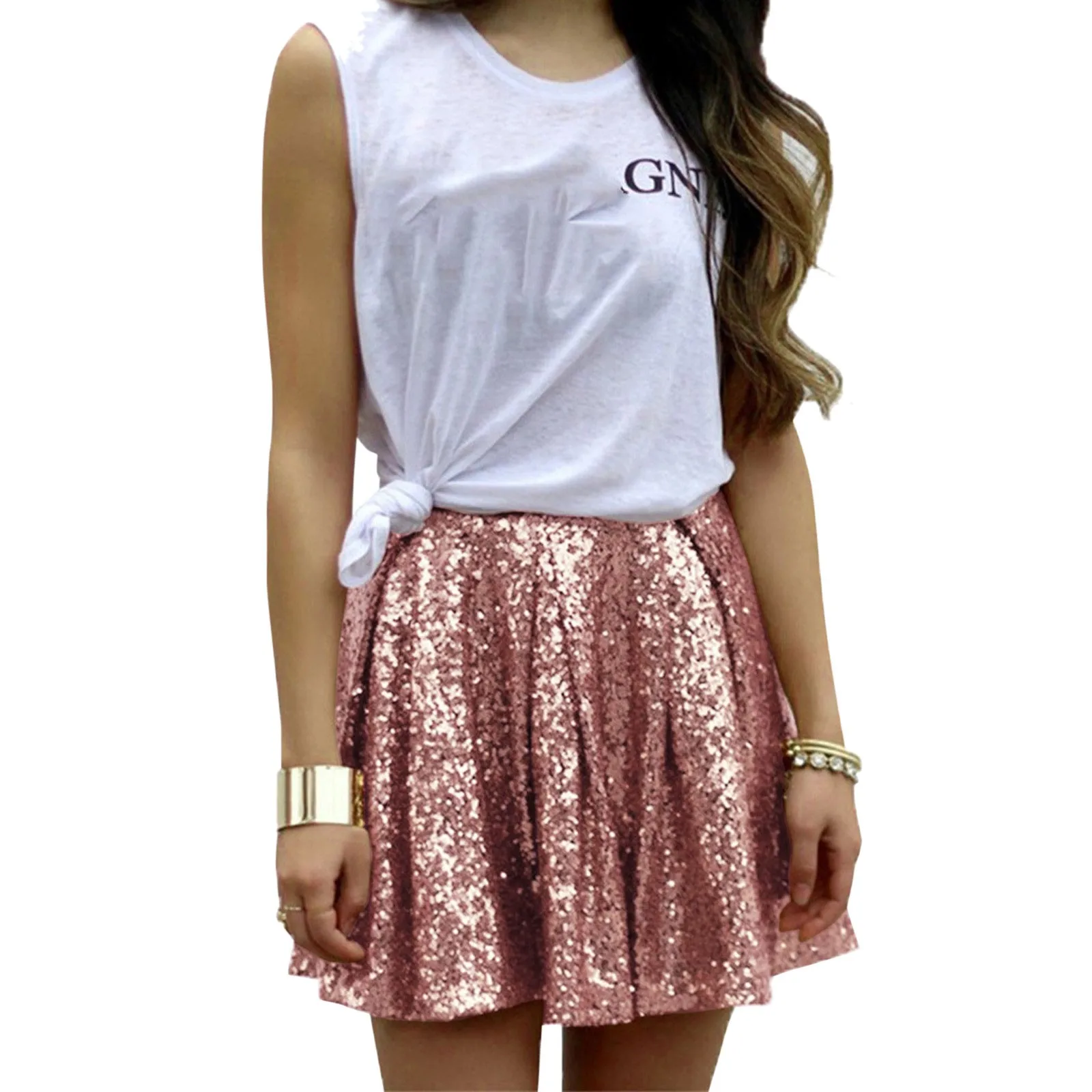 

Women's Fashion Skirts High Waist Pleated Solid Color Mini Short Skirt Loose Sequin Sparkle Glitter Dressy A-Line Skirts