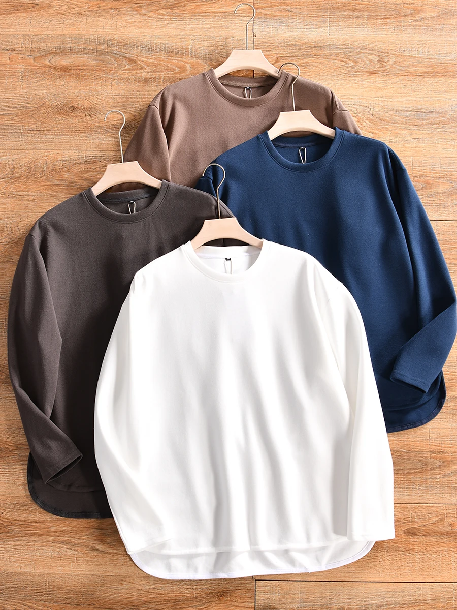 Loose Fit Long Sleeve Crew Neck Sweatshirt Men's Spring Casual Wide Version Pique Air Layer Split Bottom T-Shirt for Youth
