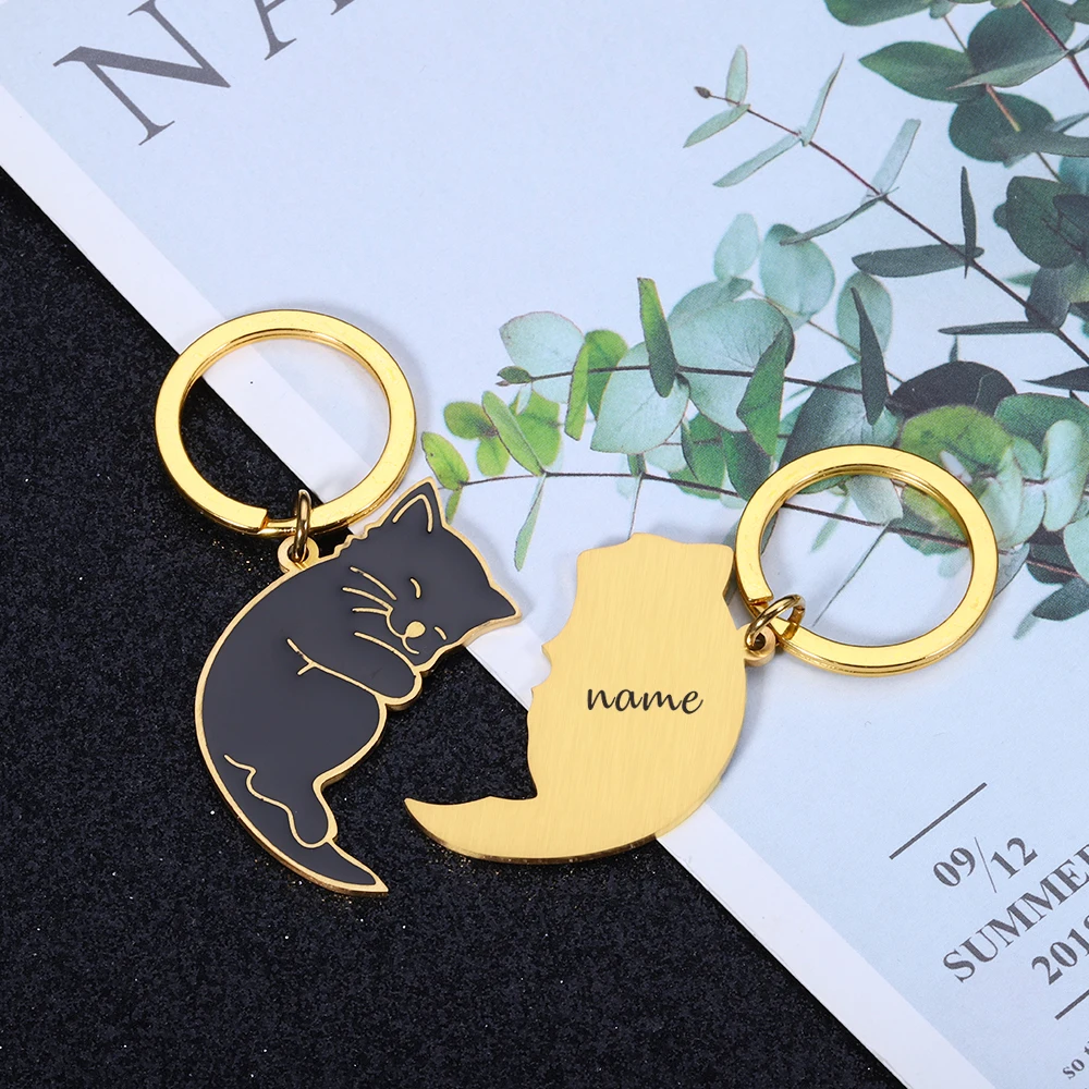 Matching Cat Couple Keychain Custom Name Cute Key Chain for Cat Lover Boyfriend Girlfriend Christmas Anniversary Gifts for Her