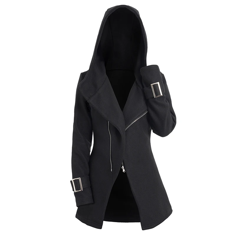 Dressfo 2024 Womens Hoodie Coats Oblique Zipper Hooded Coat Solid Color Buckle Detail Casual Black Top abrigos de mujer