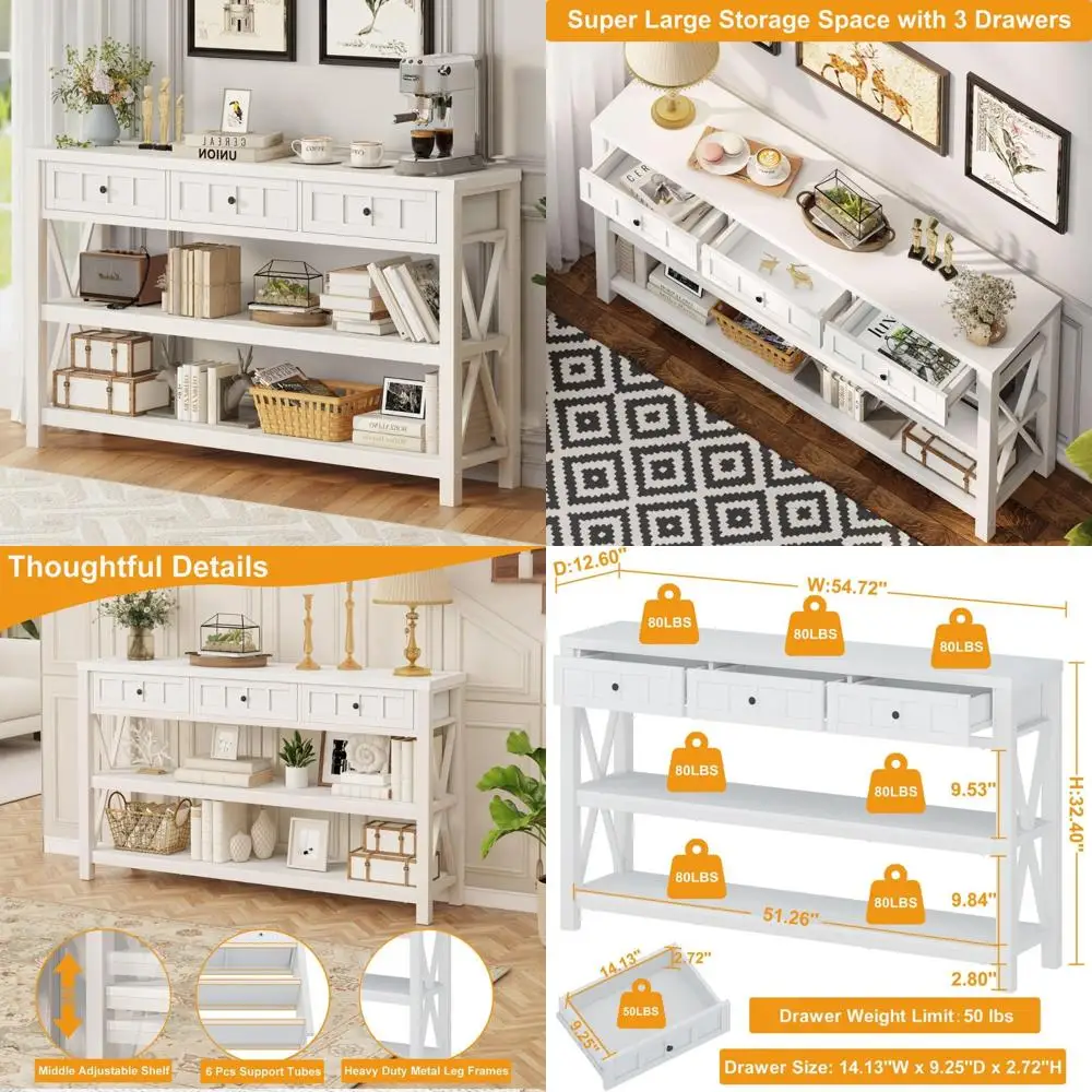 Mesa de console de fazenda com 3 gavetas: mesa de sofá de entrada de madeira e metal para sala de estar e corredor em estilo moderno