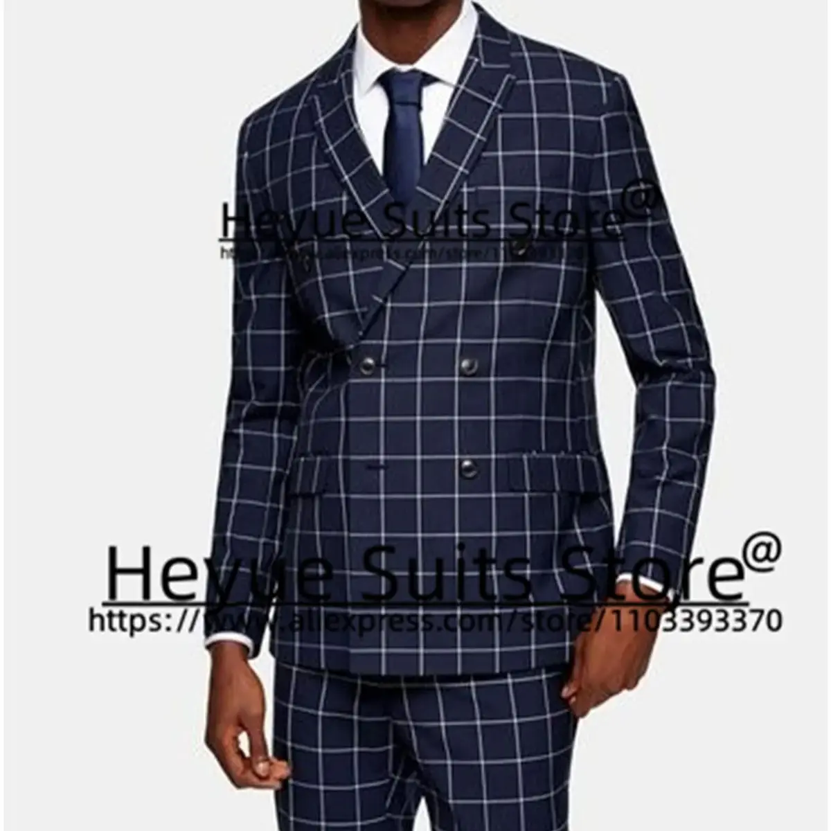 

Navy Blue Plaid Elegant Suits For Men Slim Fit Double-breasted Groom Formal Tuxedos 2 Pcs Sets Business Male Blazers Ropa Hombre