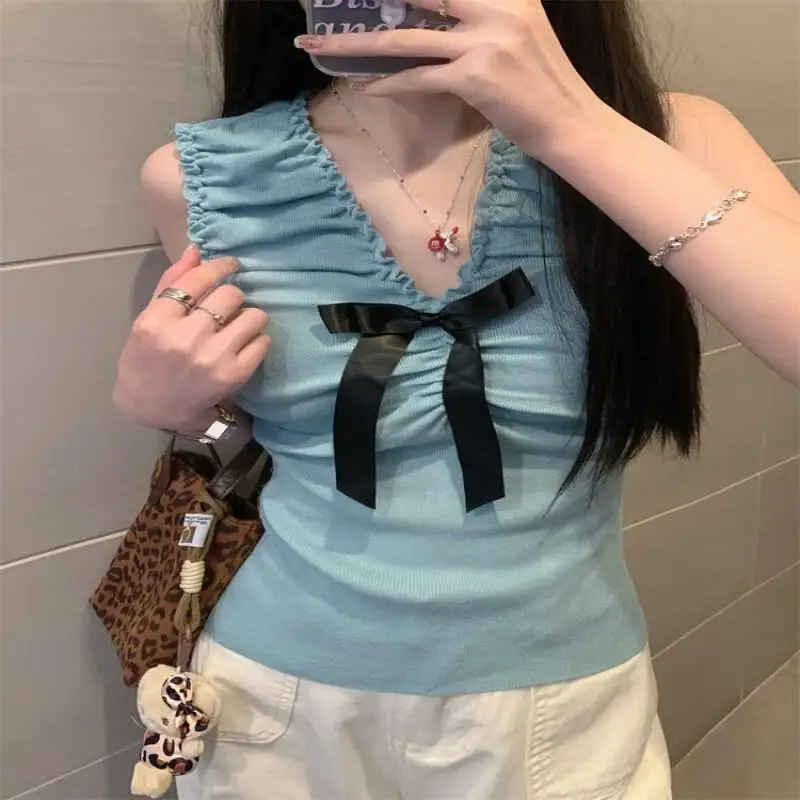 Französisch Stil Leibchen Frauen Bogen Ärmellose Blaue Weste Leibchen Süße Frühling und Sommer Oberbekleidung Hause Tragen Schlafsaal Leibchen