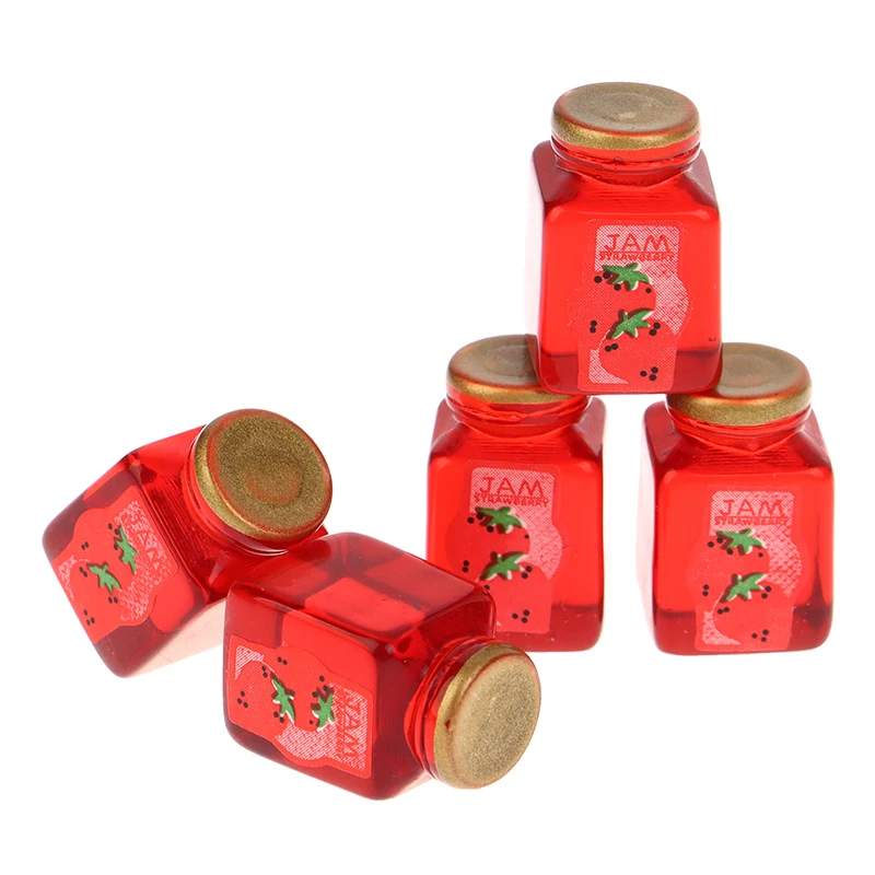 5Pcs 1/12 Dollhouse Miniature Strawberry Sauce Jam Jar Kitchen Food Accessories For Dolls House Decorations Kids Toys Gift