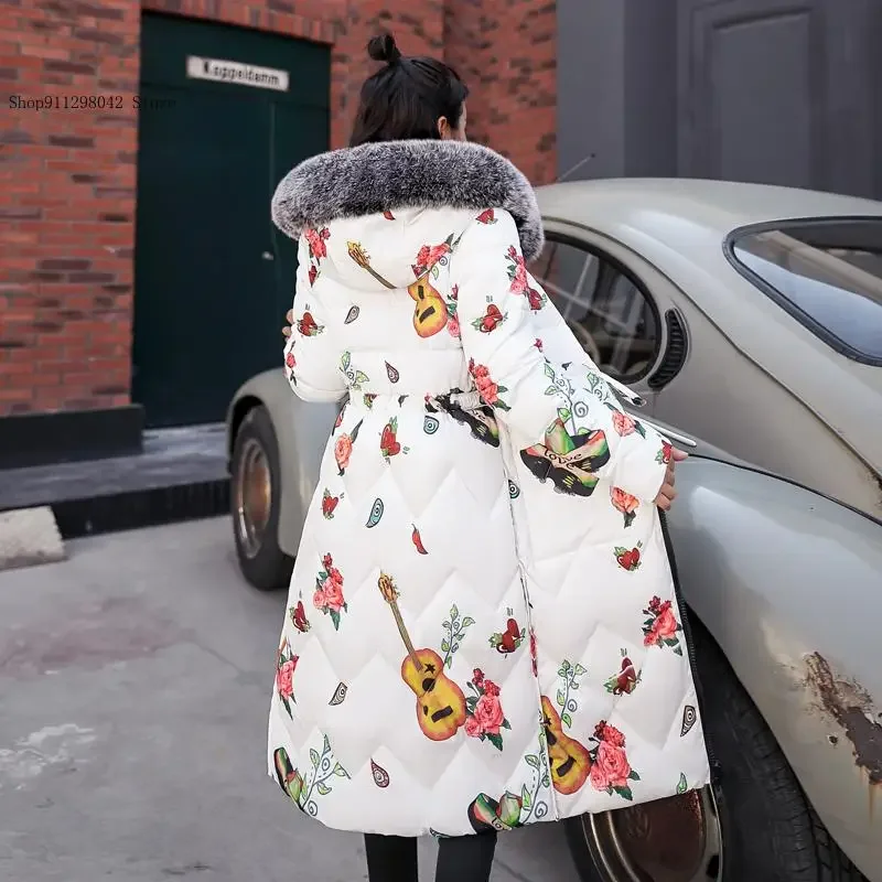 Winter Printed Large Fur Collar Medium Length Double-Sided Cotton Jacket Coat Women