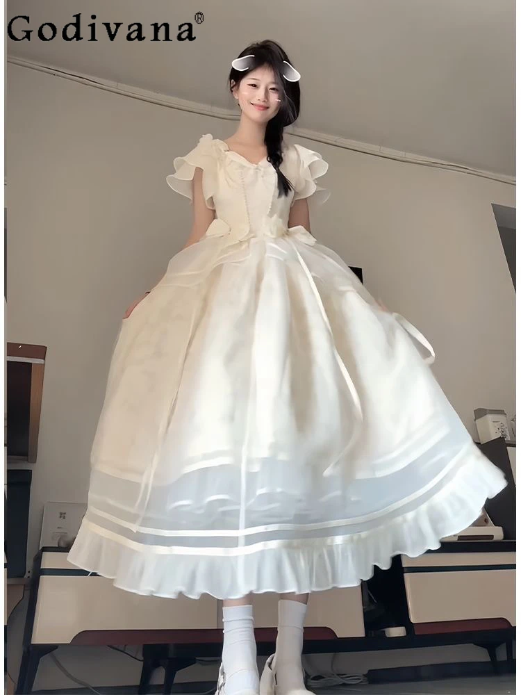 

Elegant Sweet Girl Japanese Original Lolita Princess Dress Short Sleeve Lace Slim Fit Puffy Dress Birthday White Long Dresses
