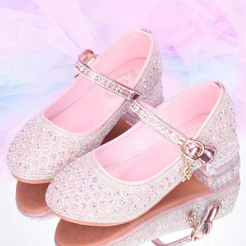 Princess Shoes Girls Crystal Shoes Children's High Heels Single Piano Performance Shoe Shows Flower Children Dress Shoe