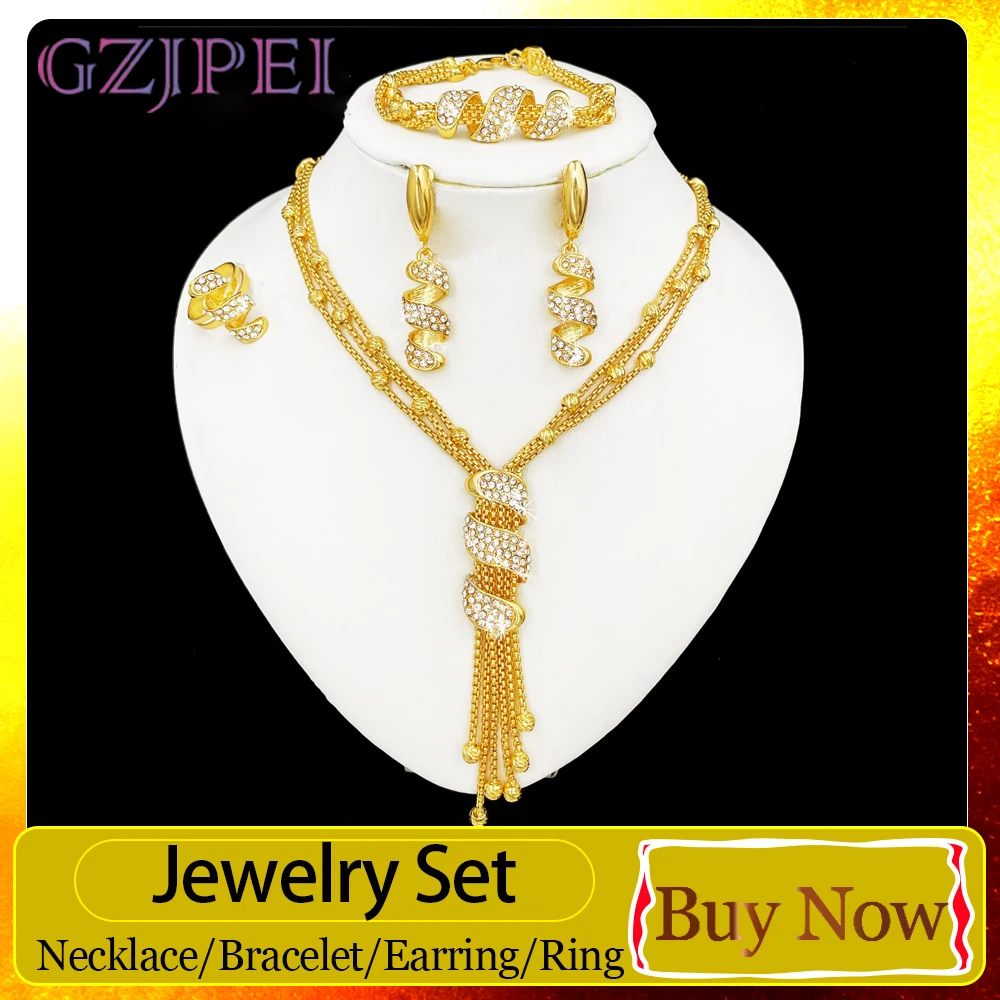 

GZJPEI 2026 New Fine Jewelry Sets For Women Wedding Party Jewelry Accessories Fashion Dubai Gold Color Tassels Jewellery Gifts