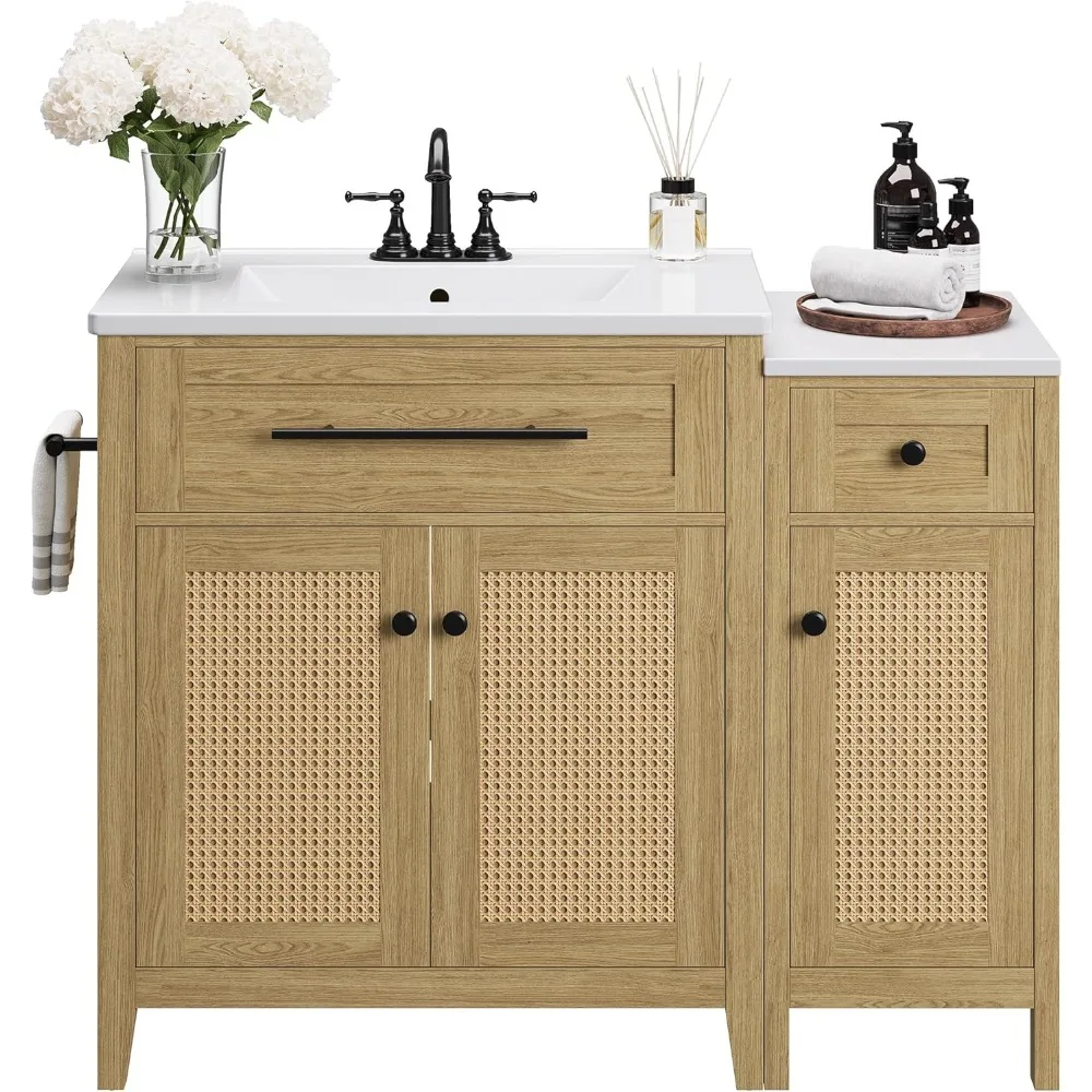 

30-дюймовый туалетный столик для ванной комнаты с боковым шкафом для хранения, отдельно стоящий шкаф для ванной комнаты с керамической раковиной, откидным ящиком и мягким закрыванием