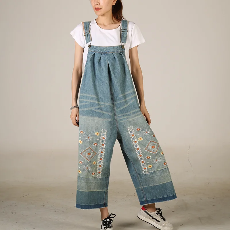 

2024 Spring New Arrival Loose Denim Long Trousers Bib Pants Personality Embroidery Wide Leg Jumpsuits for Women Summer Pants