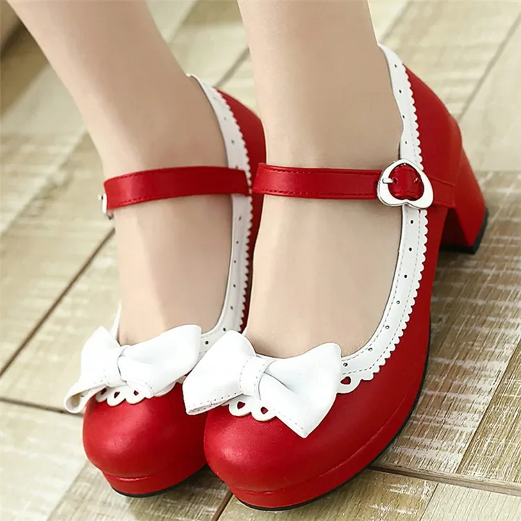 Plus Size 34-43 Lolita Mary Janes Women High Heels Shoes Sweet Bowknot Ruffles Dress Party Wedding Shoes Bridal Princess