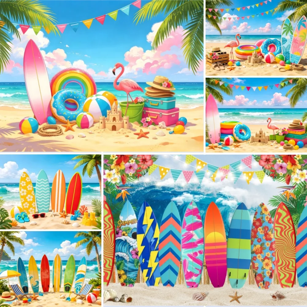 Beach Summer Backdrops Palm Tree Ocean Wave Sandy Shore Umbrella Surfboard Shell Starfish Kids Family Photography Banner Props