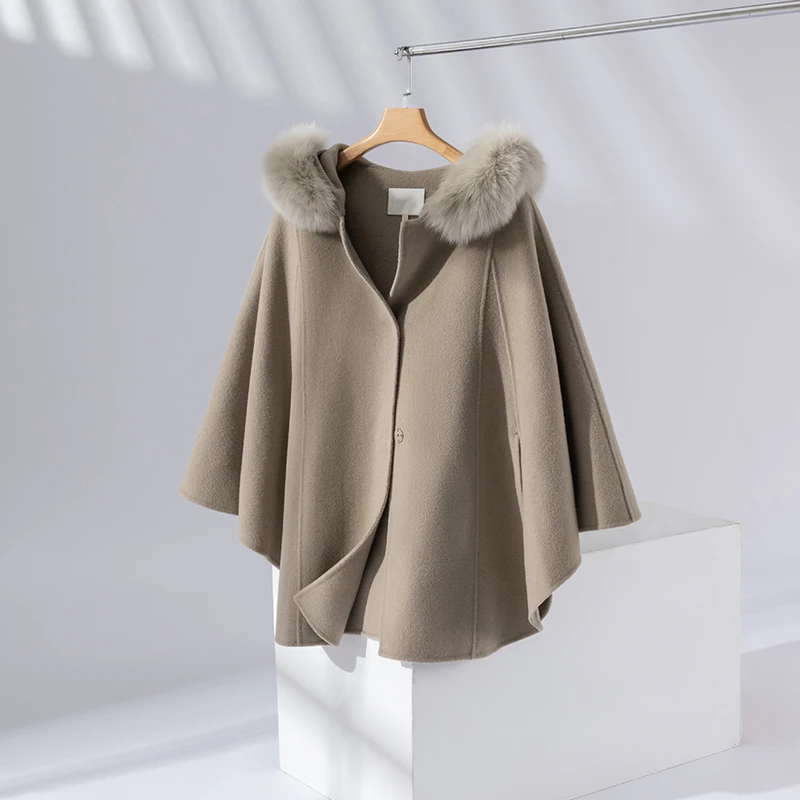 

Женское пальто из 100% чистой шерсти, повседневная короткая накидка, кардиган, пальто с воротником с капюшоном, корейская версия, модное свободное шерстяное пальто