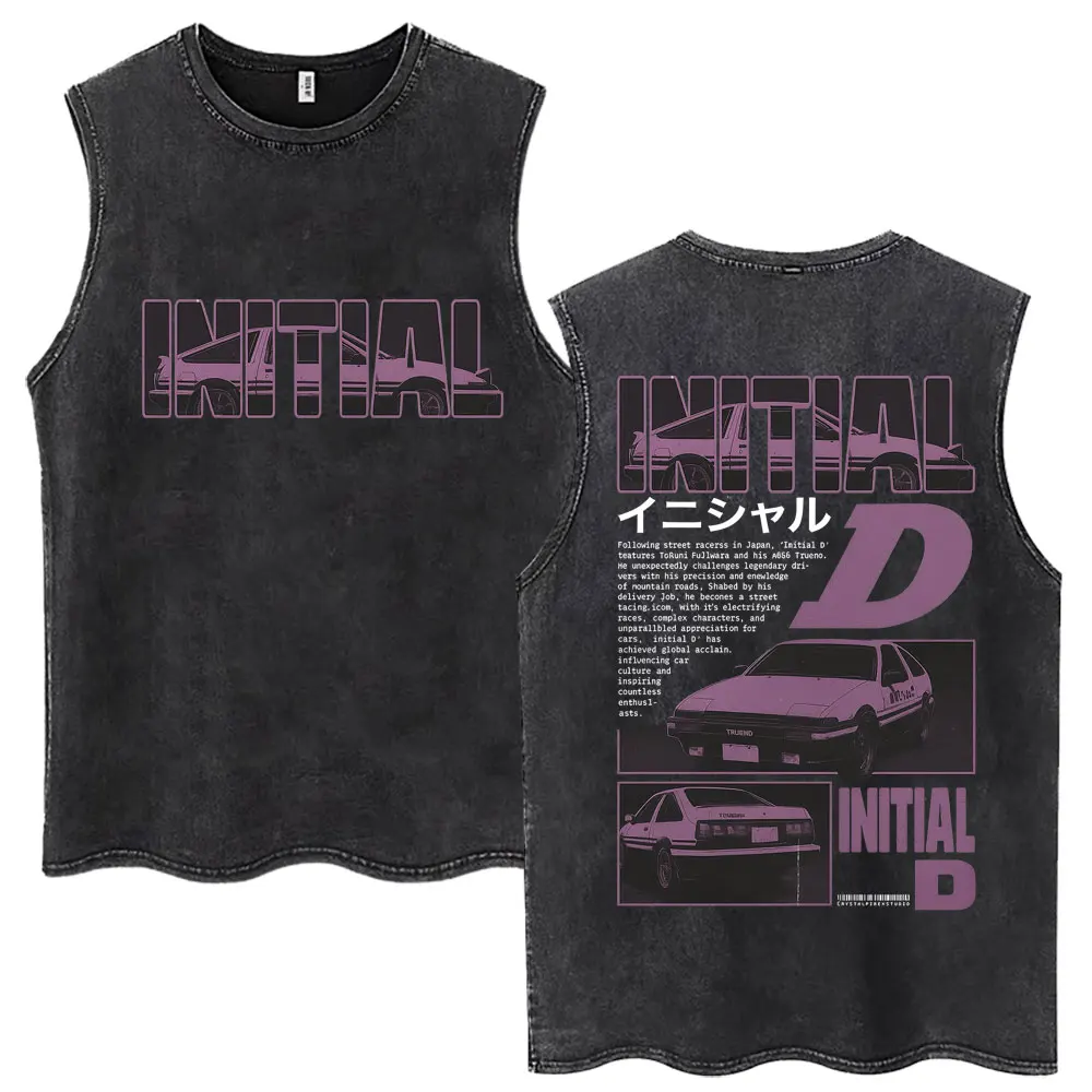 Anime Initial D Drift AE86 Takumi Fujiwara Tofu Shop JDM Car Washed Tank Tops Manga Men's Vests Oversized Cotton Sleeveless Tees