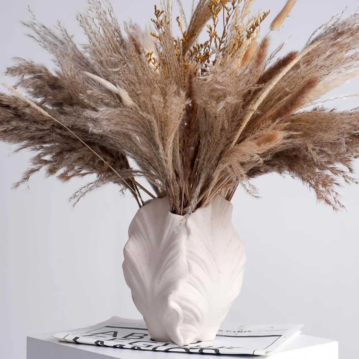 

CAPIRON 21 см керамическая ваза с листьями, белый держатель для пампасной травы, современный центральный элемент в стиле бохо, минималистичный домашний декор для гостиной, интерьер