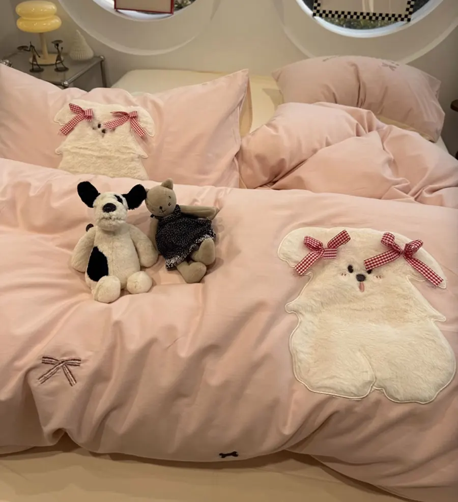 cute cartoon dog bow pink bedding set teen child,twin full queen lovely sand cotton home textile sheet pillow case quilt cover