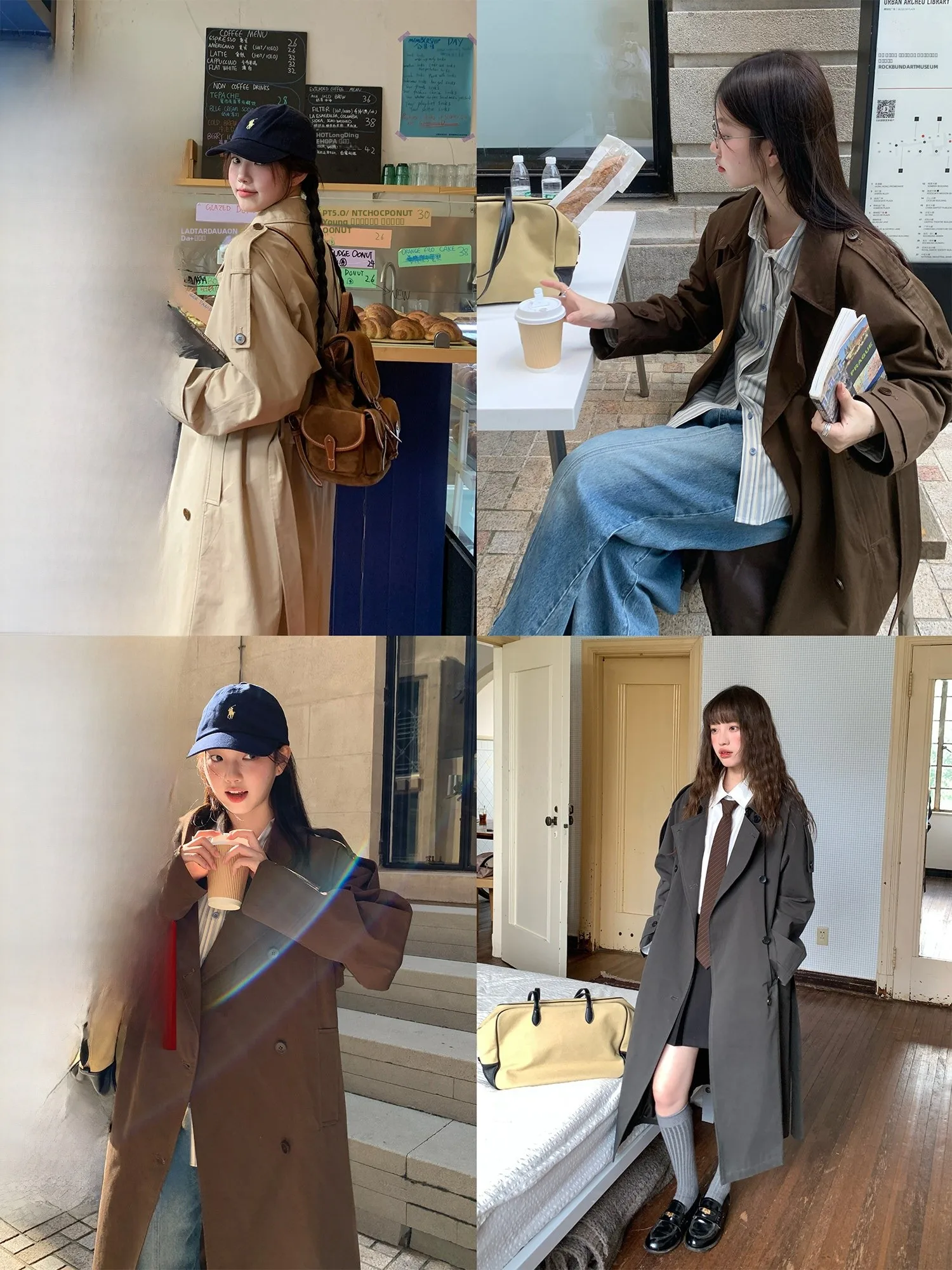 

Классическое длинное пальто RAINY для женщин, свободного кроя в корейском стиле, весна-осень, винтажное, с поясом, прямое, в британском стиле, ветровка