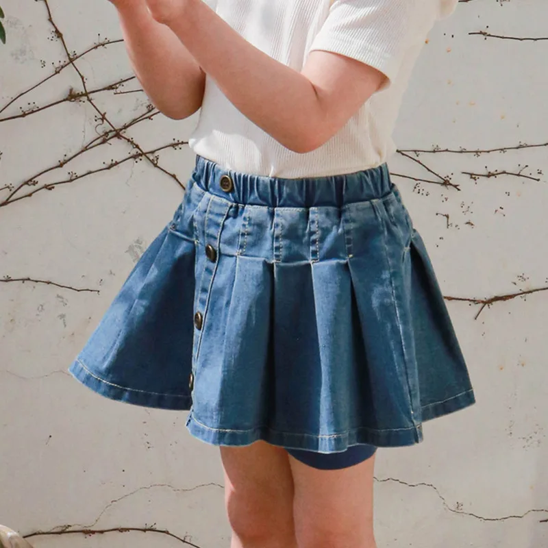 

Kids Clothing 2025 Summer Short Pants Baby Girls Stylish Pleated Button Denim Culottes