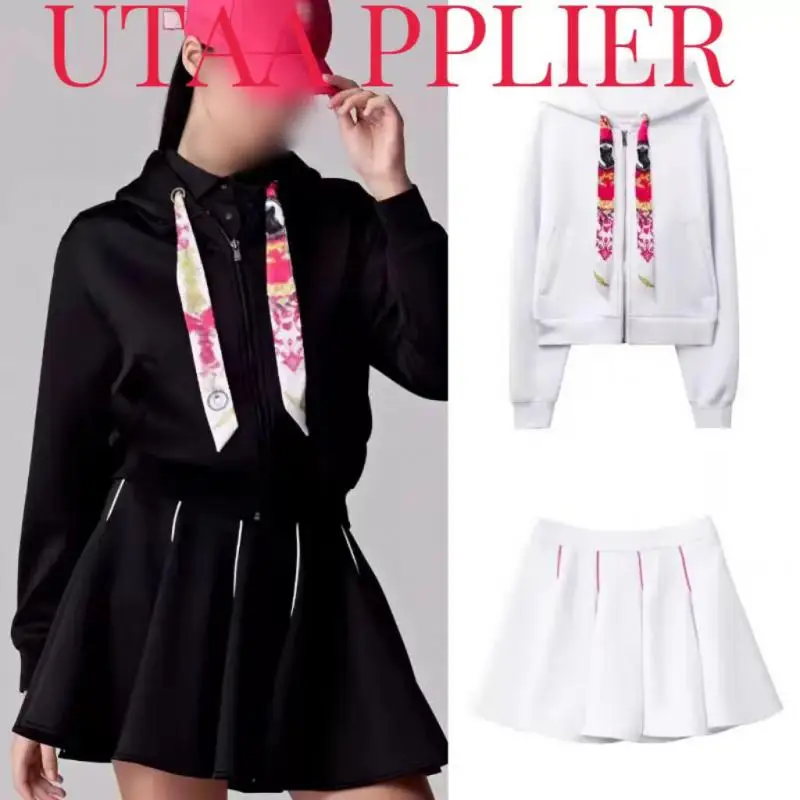 2024 Autumn And Winter Golf Women's Suit With Ribbon Embroidery Air Layer Top Golf Simple Pleated Skirt Umbrella Skirt