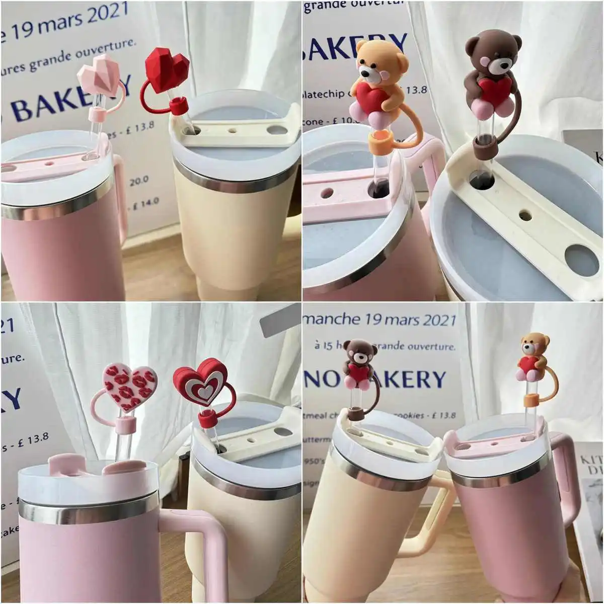 10mm Hearts Straw Cover Kawaii Bear Anti-Spill Dust-Proof Straw Toppers Silicone Straw Stopper 30&40 Oz For Stanley Cup Access