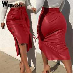 Fashion Women Solid Color High Waist PU Leather Midi Skirt Lace-up Side Button Slim Skinny Pencil Skirt for Ladies Streetwear