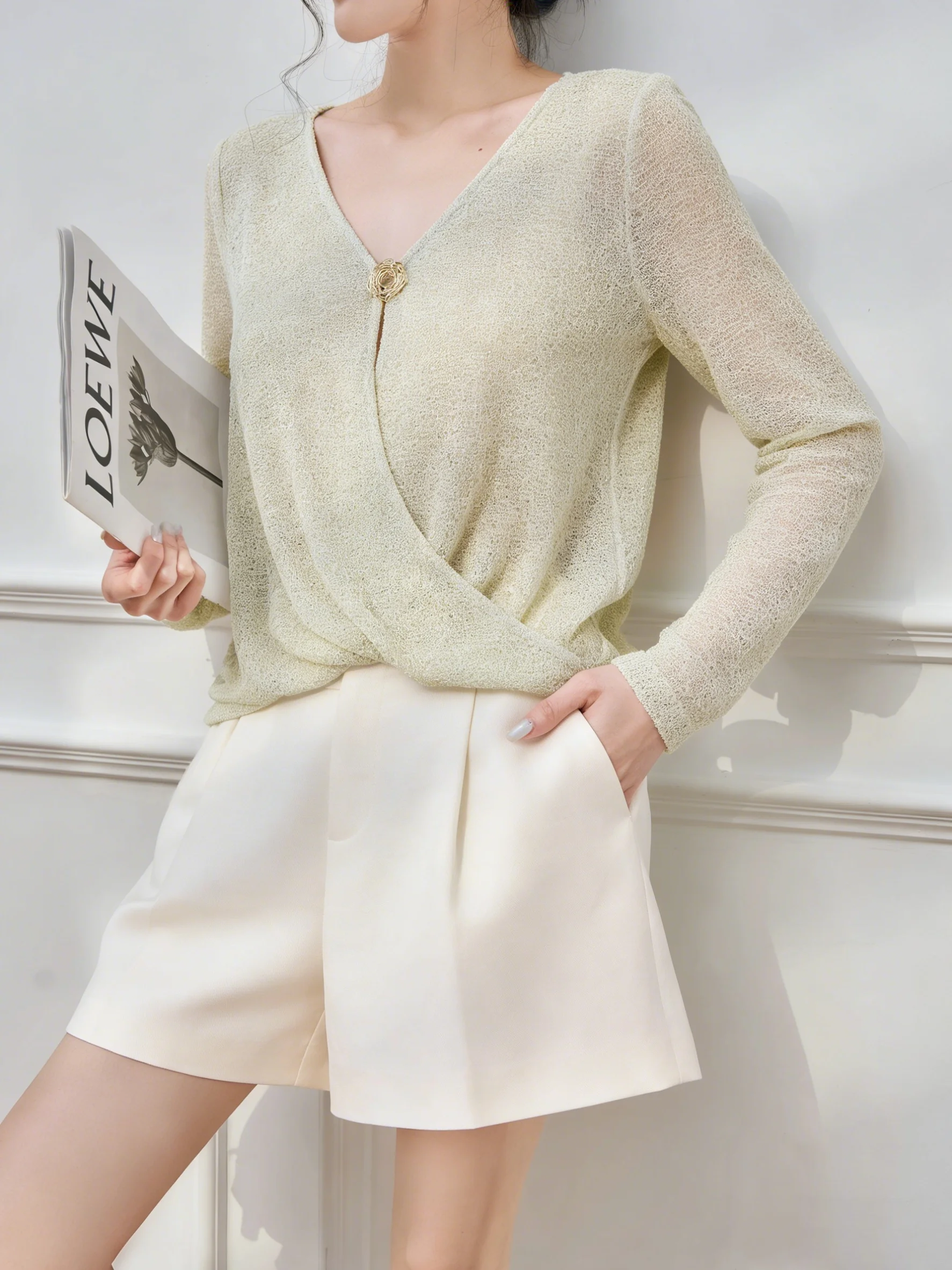 

Green V-Neck Long Sleeve Knitted Sweater Women's Style Beautiful Spring Fashion Commute Simple Casual Polyester Fiber