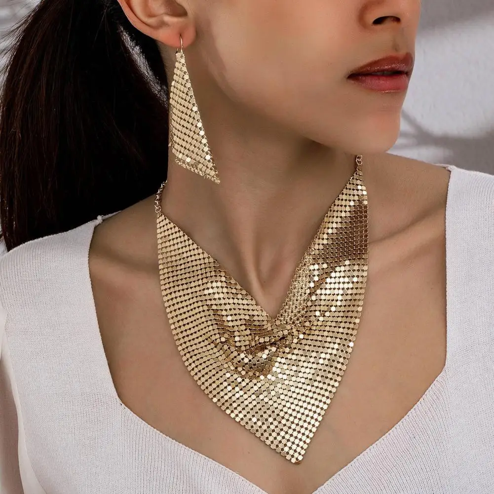Necklace Earrings Necklace Earrings Women 2Pcs/Set Triangular Scarf Sequins Earrings Party Wedding Fashion Jewelry Sets Boho