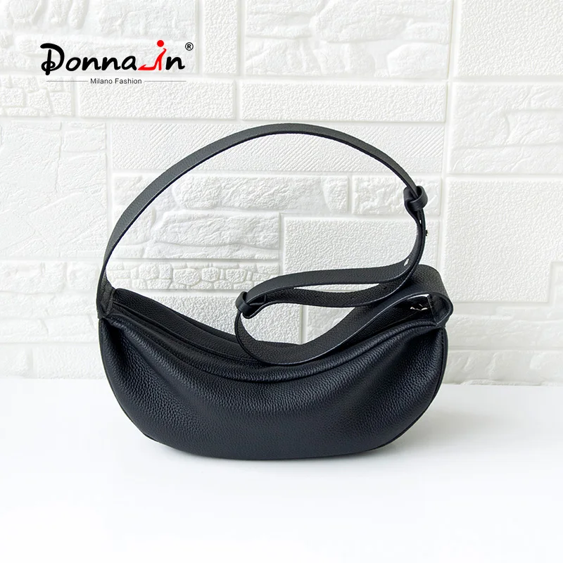 Donna-in Genuine Leather Shoulder Cross-body Bag Women Men Classic Casual Black Hobos Chest Bag Comfortable Wide Shoulder Strap