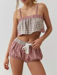 Women Y2k 2 Piece Shorts Outfits Sleeveless Crop Cami Top and Bloomer Shorts Set Cute Stripe Plaid Patchwork Pajamas Hotsweet