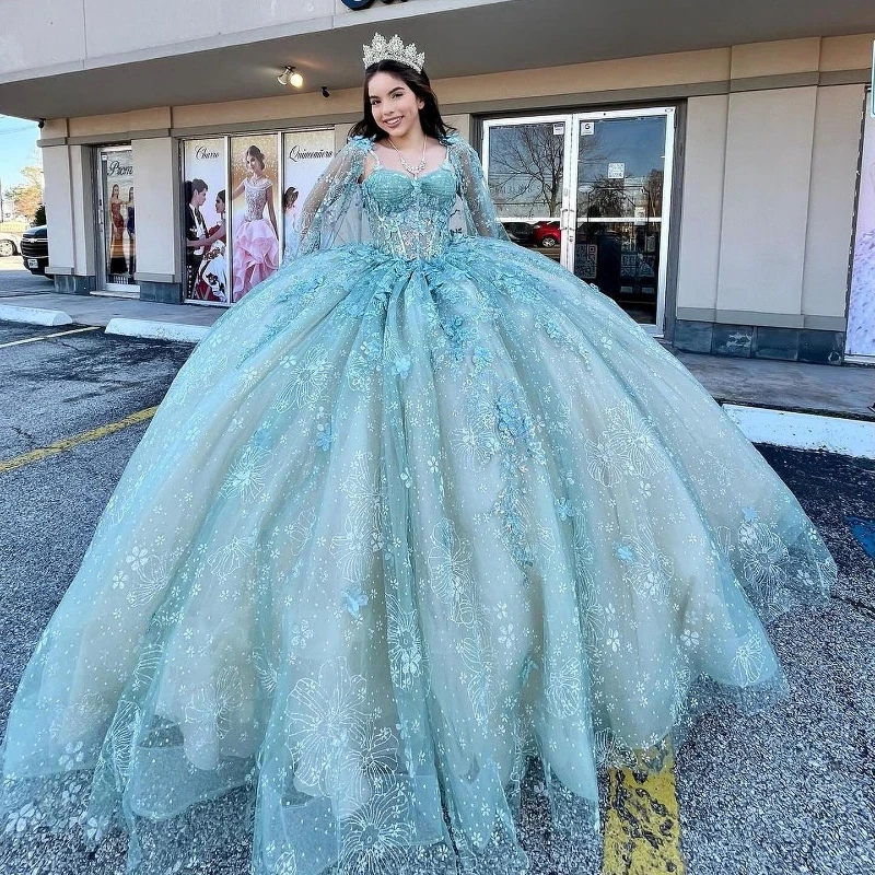 

Aqua Blue Shiny Quinceanera Dress Ball Gown 3D Floral Lace Applique Beaded Ruffles With Cape Sweet 16 Vestido 15 De Años