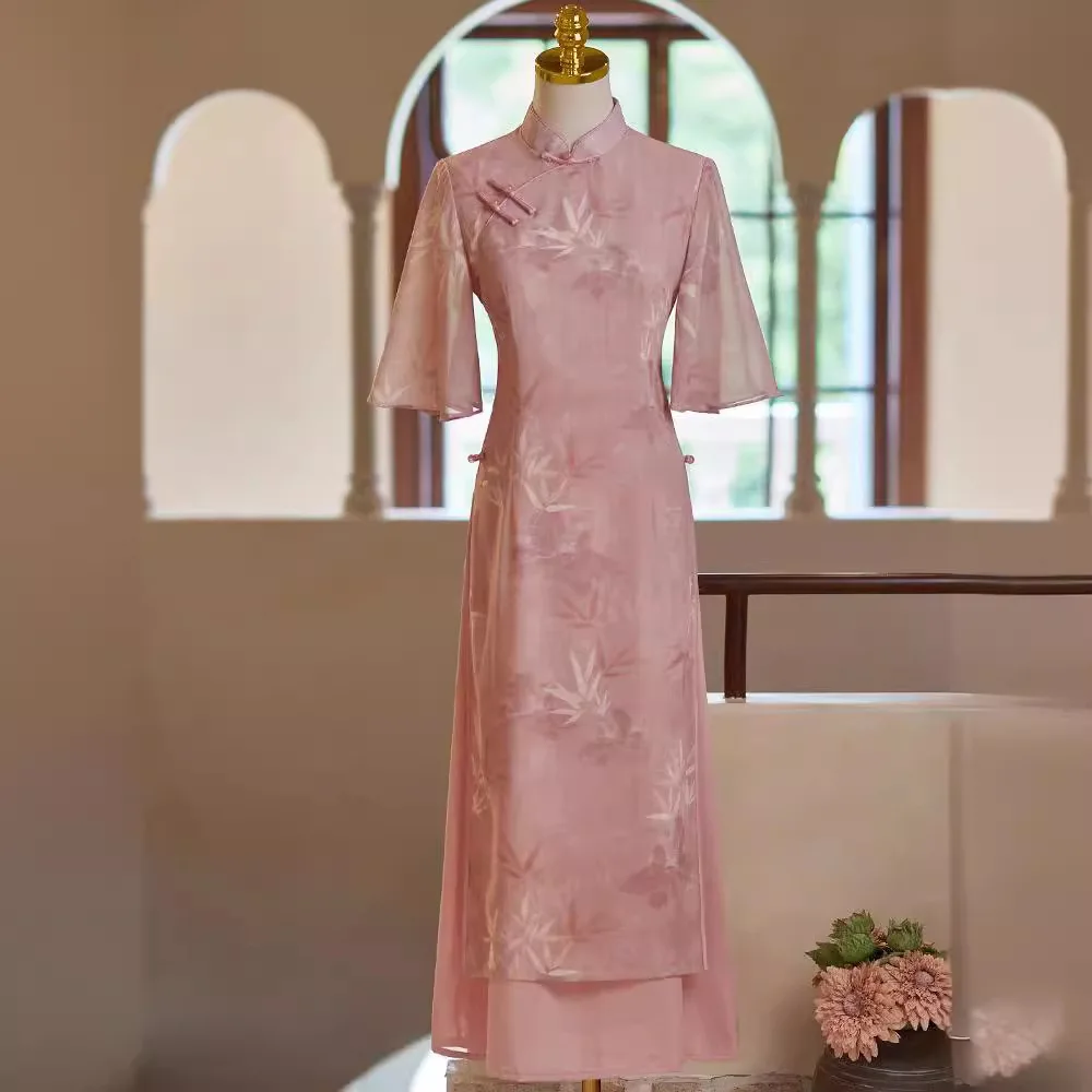 

2024 Women Pink Cheongsam Dress Young Girl Elegant New Chinese Style Loose Half Sleeve Dress Female Long Qipao Wedding Dress