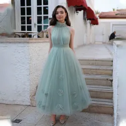 Mint Halter Flower Tea Length Tulle A Line Prom Dresses Custom Made 2024 Formal Bridal Growm Bridemaid Wear