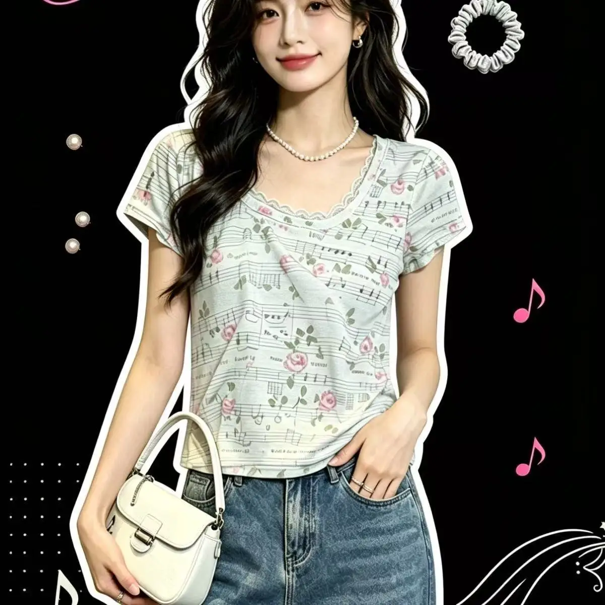Women Y2K Coquette Short Sleeve T‑Shirt Music Note Floral Print Lace V Neck Slim‑Fit  Summer Casual Streetwear Party Ladies Tops