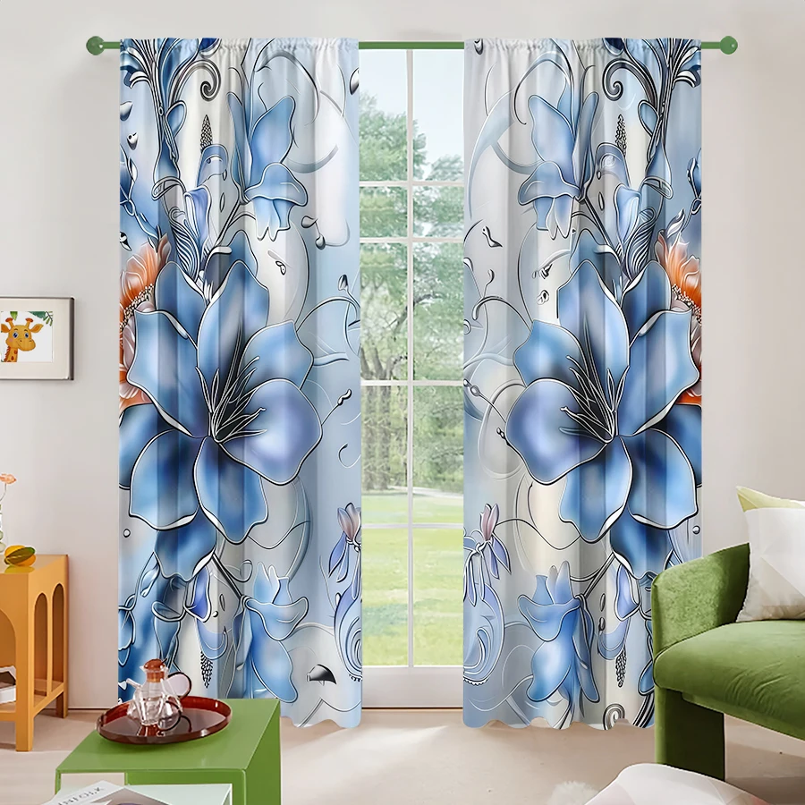 2PCS Digital Printed Curtains, Dark Blue Flower Cluster Design, Floral Flower Style for Living Room Bedroom Home Decor