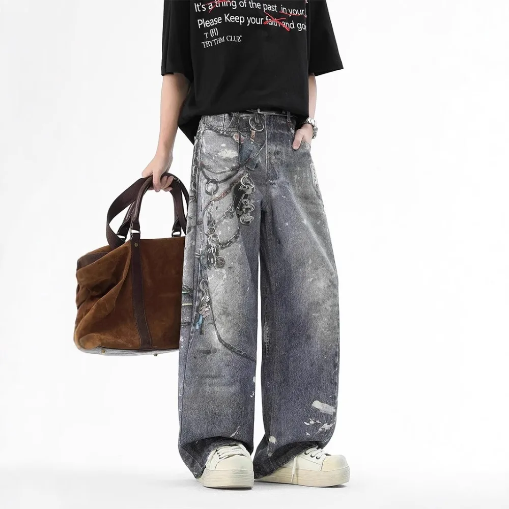 

New Heavyweight High Street Loose Fit Straight Leg Men's Jeans with Pendant Print Vintage Style Trousers Fashionable Lazy Style