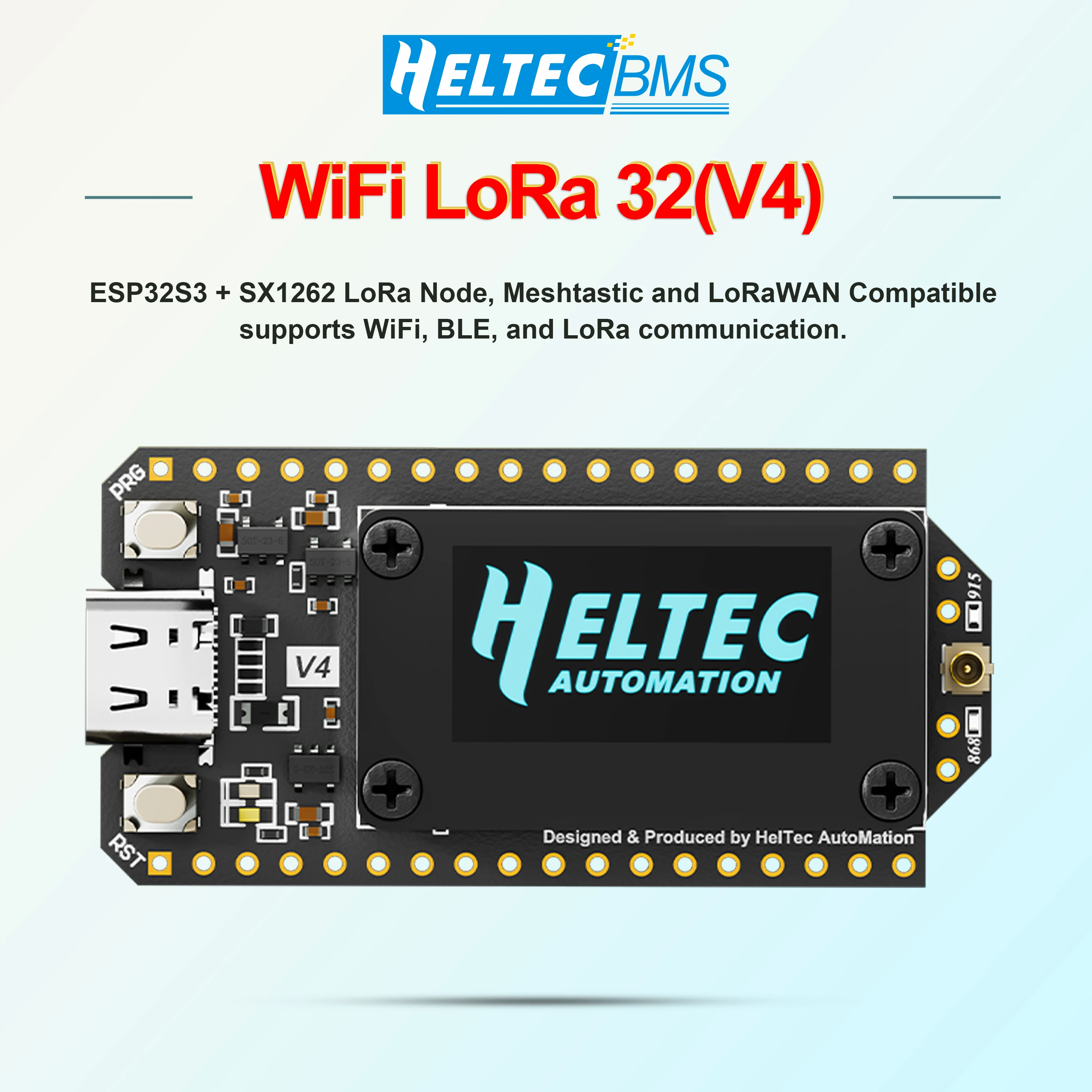 Heltec WiFi LoRa 32 V4 863-928MHz ESP32S3+SX1262 BLE LoRa Node, Meshtastic and LoRaWAN 0.96 inch OLED Solar Powered Dev-Board