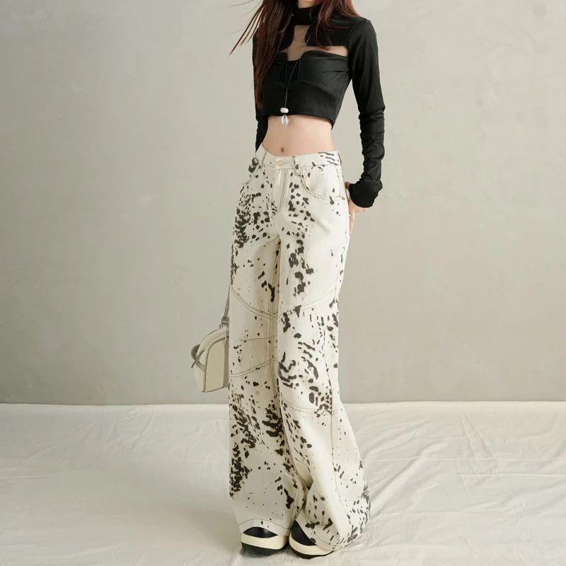 

Осень/зима 2022, новые рисовые белые леопардовые джинсы со средней заниженной талией, модные американские пряные джинсы для девочек из супермягкой ткани