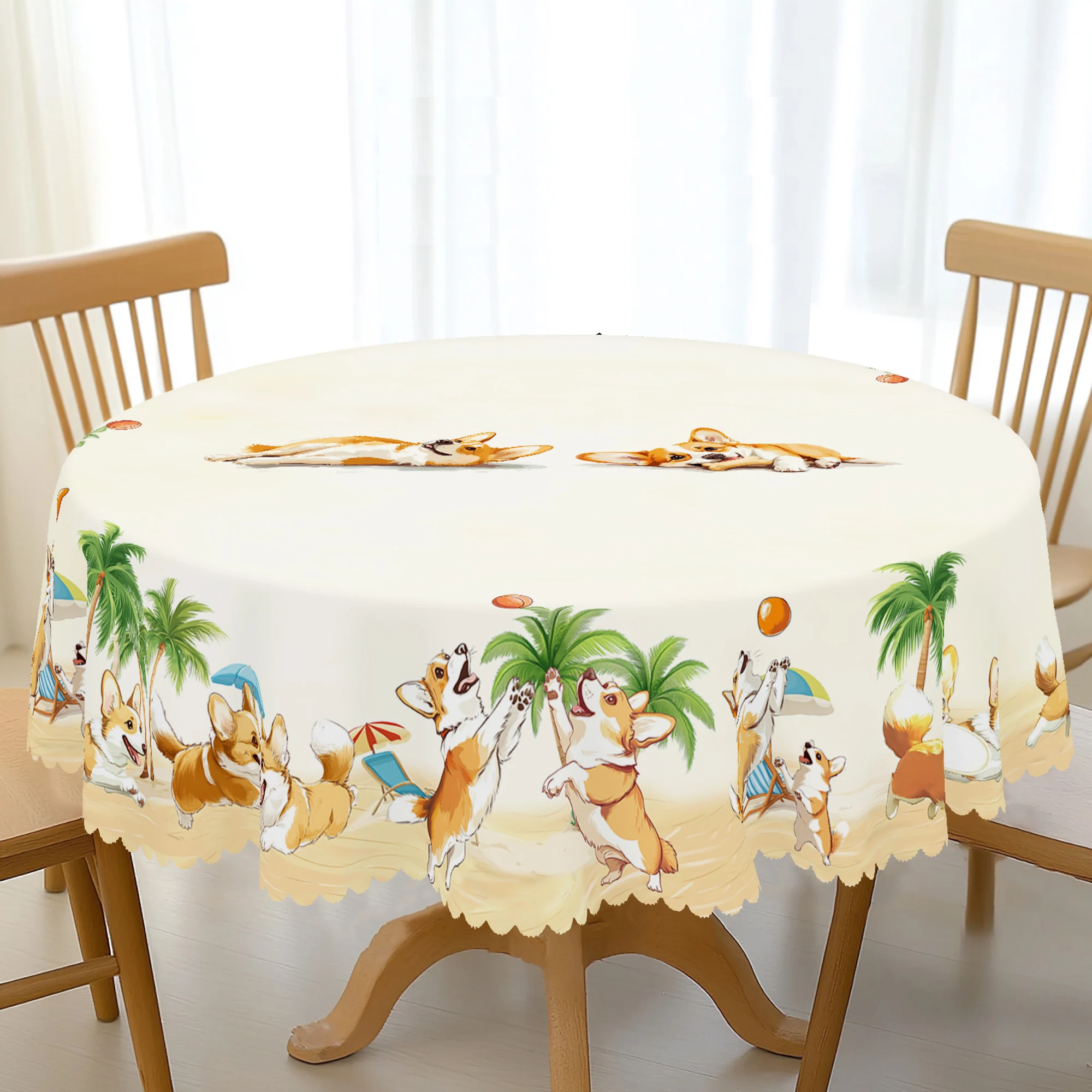 1-teilige bedruckte Tischdecke mit Corgi-Motiv, Strand-, Corgi- und Kokosnussbaummuster, geprägte Kante, runde und rechteckige Tischdecke, geeignet für Frühlings- und Sommer-Tischdekoration,