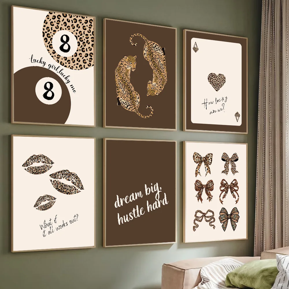 مجموعة من 6 أقواس ليوبارد الفهد البني غير المؤطرة لاكي 8 كرات ملصق فني عصري جمالي كوكيت جرلي غرفة الدوبامين ديكور الطلاء #2