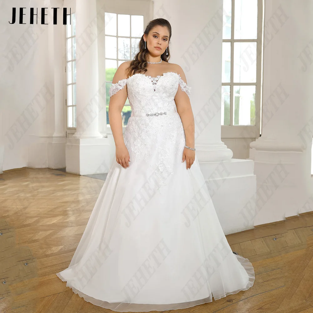 JEHETH Modern Off Shoulder Wedding Dress Sweetheart Lace Up Bride Gowns Plus Size Applique Tulle A-Line vestidos de novia