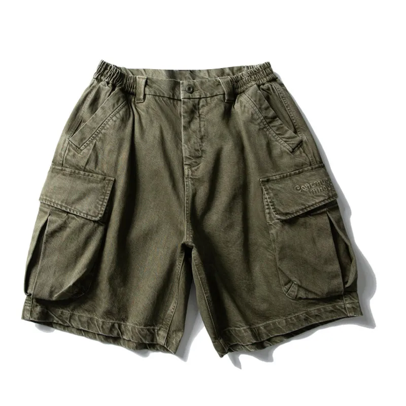 100% Cotton Japanese Retro Heavyweight Men's Cargo 5-Point Shorts Summer Men Multi-Pocket Loose Fit Casual Couple's Cargo Shorts