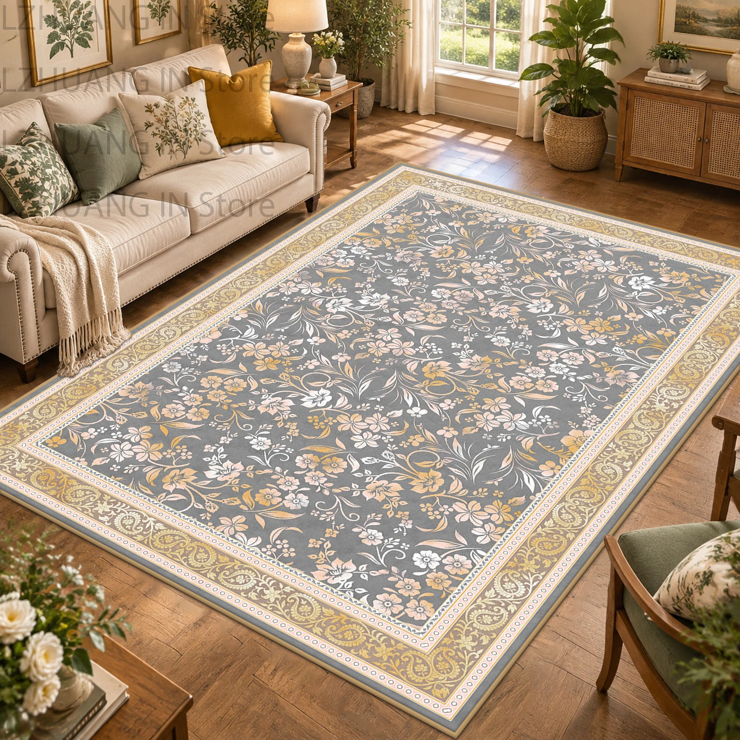 Retro Persian Farmhouse Decor Big Size Living Room Carpet Machine Washable Non-slip Dinning Room Rug Soft Floral Patterned Mat