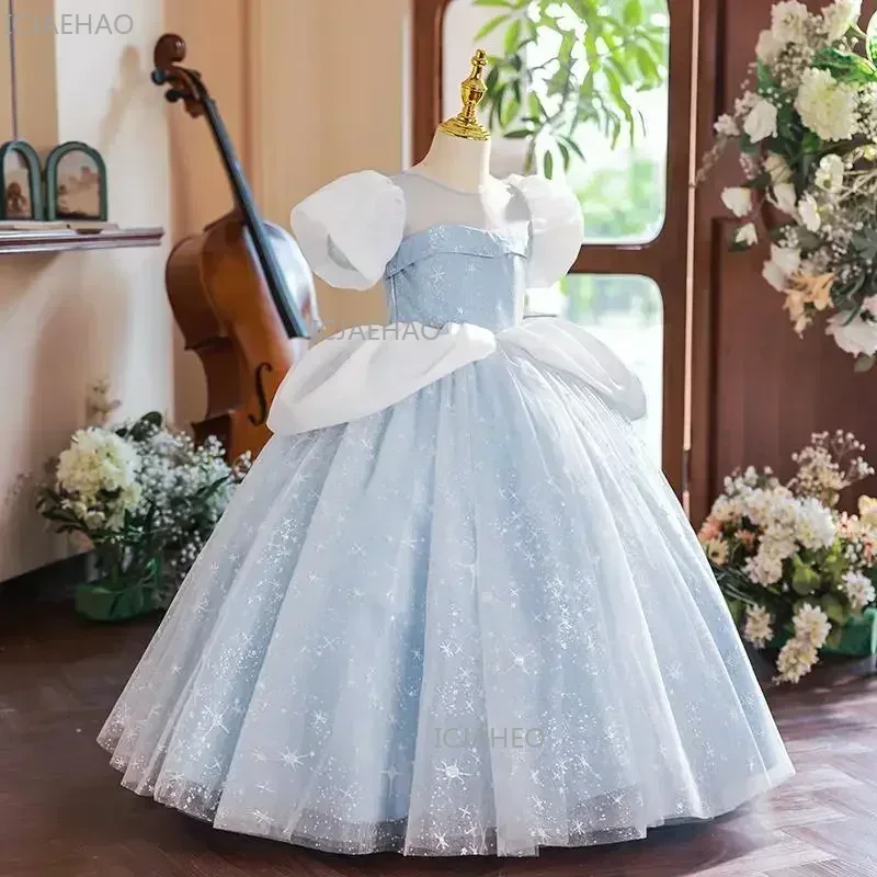 Elegant Princess Sequined Dress Girls Kids Evening Blue Gowns Children Matching Clothes  Birthday Ball Dresses Blue Eid Vestido