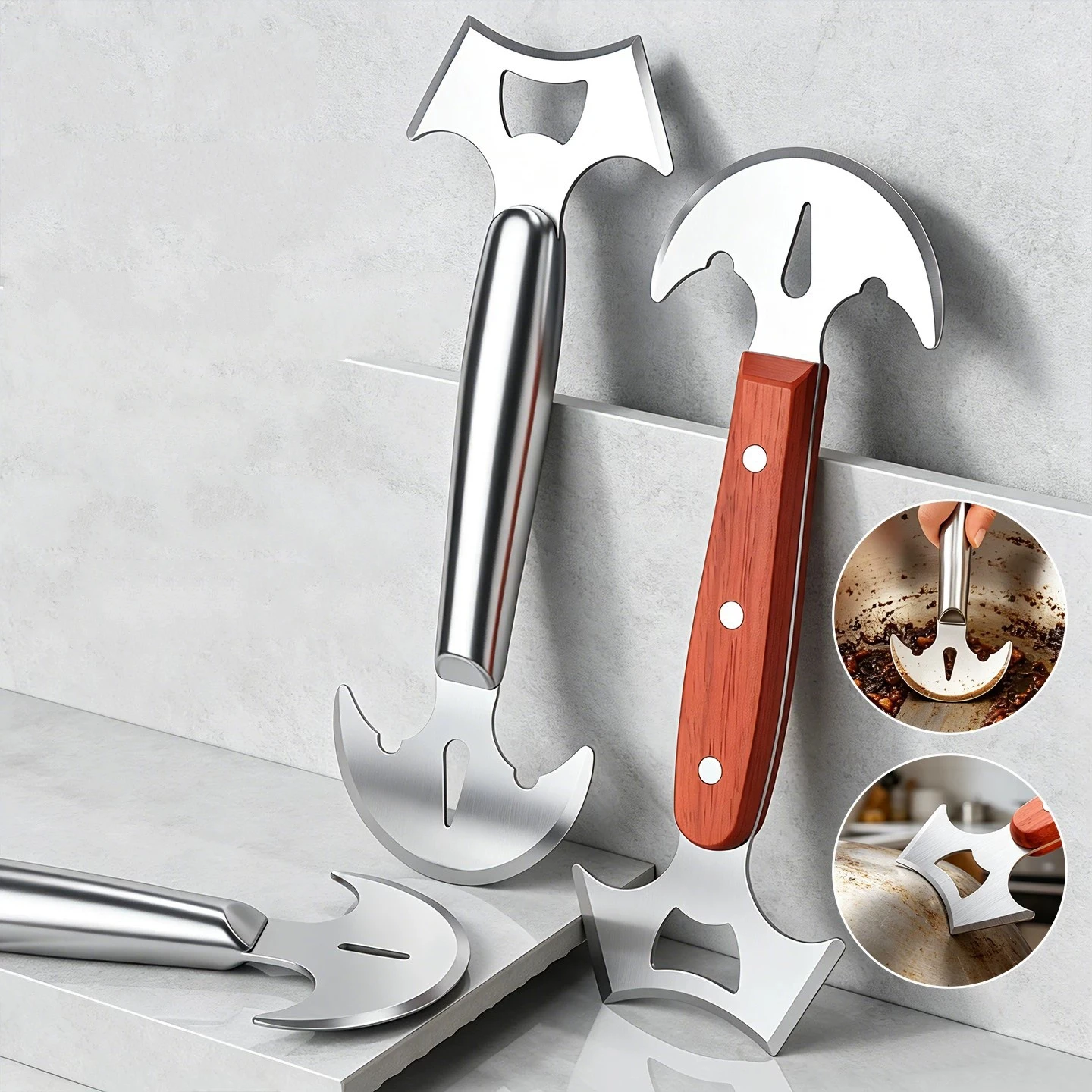 Stainless Steel Scraper Dual Head Pot Pan Cleaner Grease Remover Bottle Opener Kitchen Ash Cleaning Shovel Hand Tool