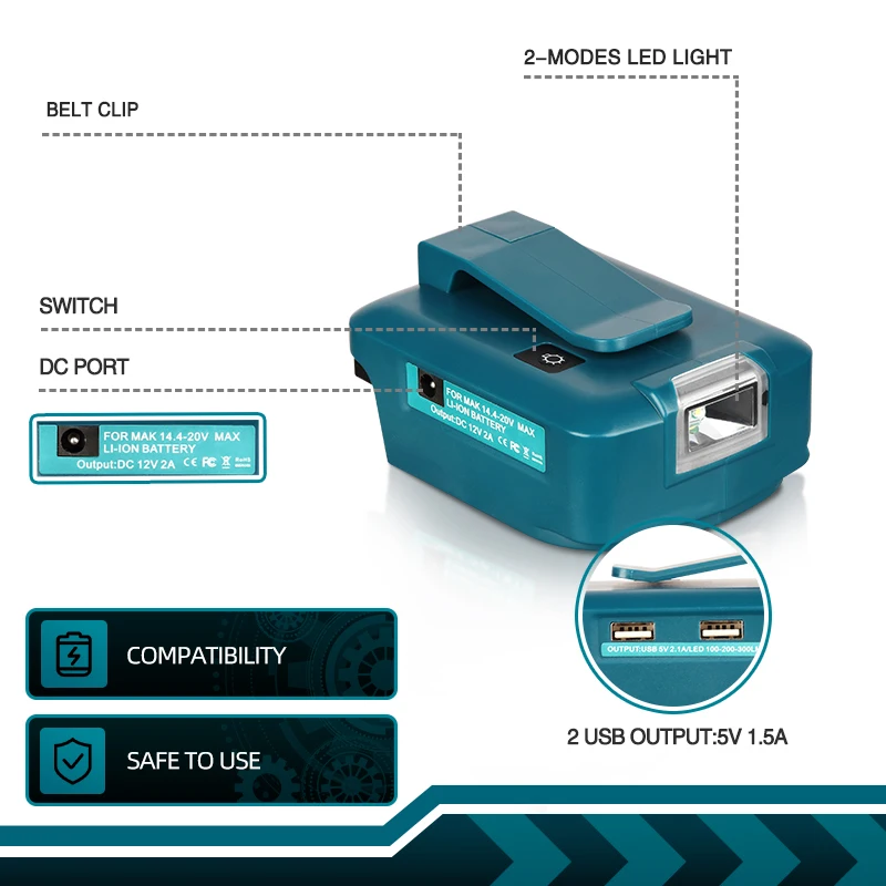 WOSAI MT-Series 20V Battery Adapter ADP05 Power Source Charger with LED Work Light & 1 PD USB-C & 1 USB Ports Lighting Charger