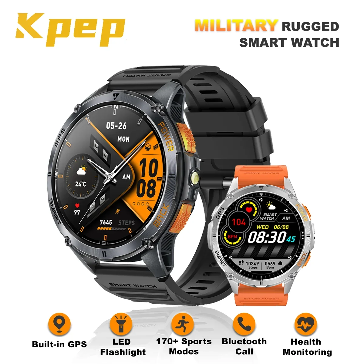 

KPEP K67A Военные Смарт-часы Встроенный GPS и компас Светодиодный фонарик IP68 Водонепроницаемые 170+ спортивных Bluetooth-умных часов для вызова для мужчин
