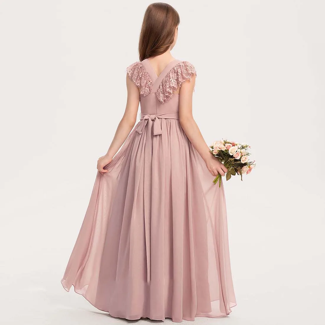 YZYmanualroom Flower Girl Dress Chiffon Lace Junior Bridesmaid Dress With Bow 4-15T（18 colors)