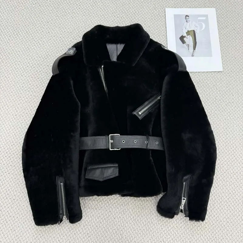 

high quality women coat winter short length Motorcycle model female clothes with belt thick warm Merino sheepskin fur